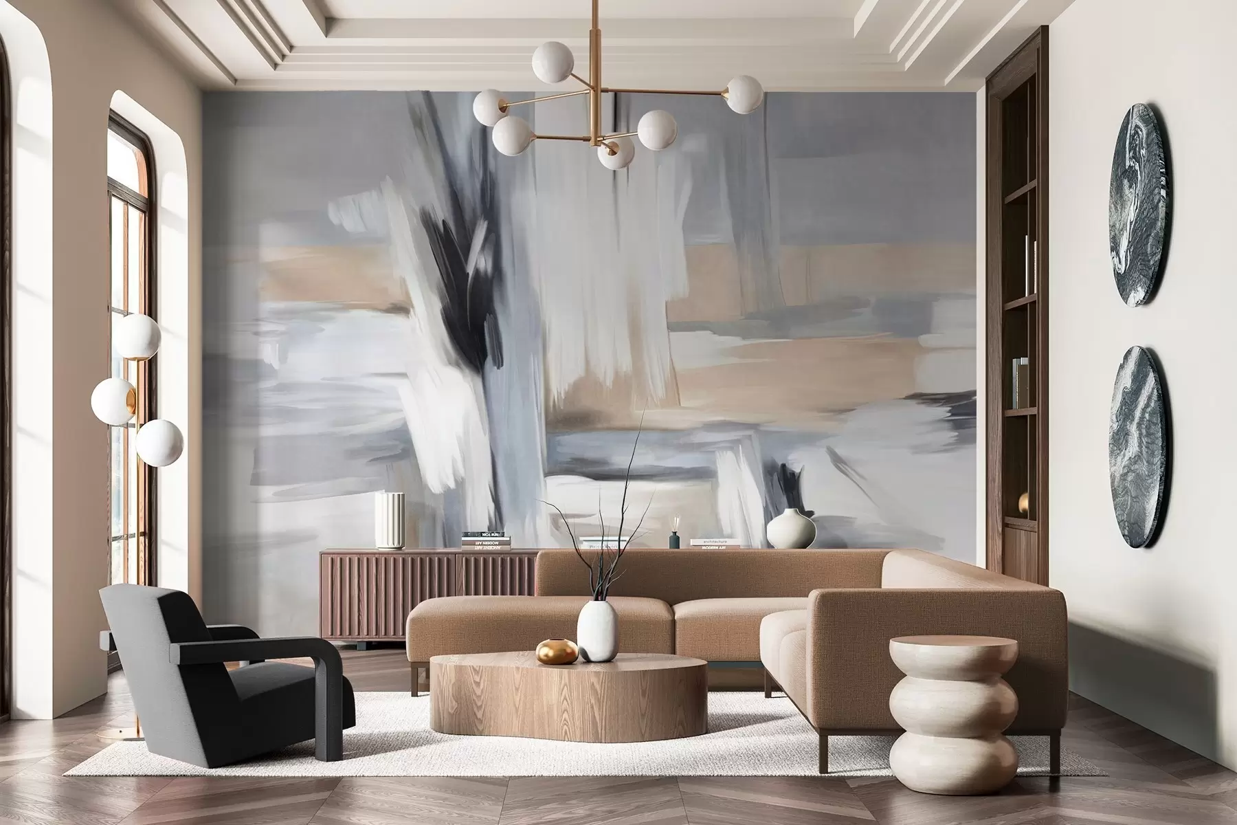 Fototapeedid Abstraktne tekstuuriga maalistiil, milles on kasutatud valge, halli ja beeži toonides pintslitõmbeid. w09651