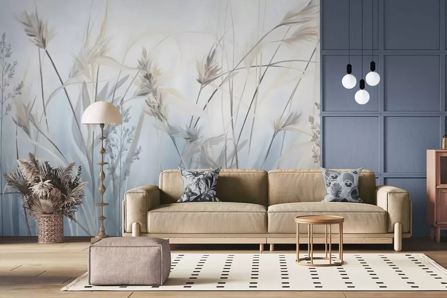 Fototapeedid Kõrged, kuivad rohtu varred sulgkergete tippudega, pehmed, udused sinised ja valged taustad w09652