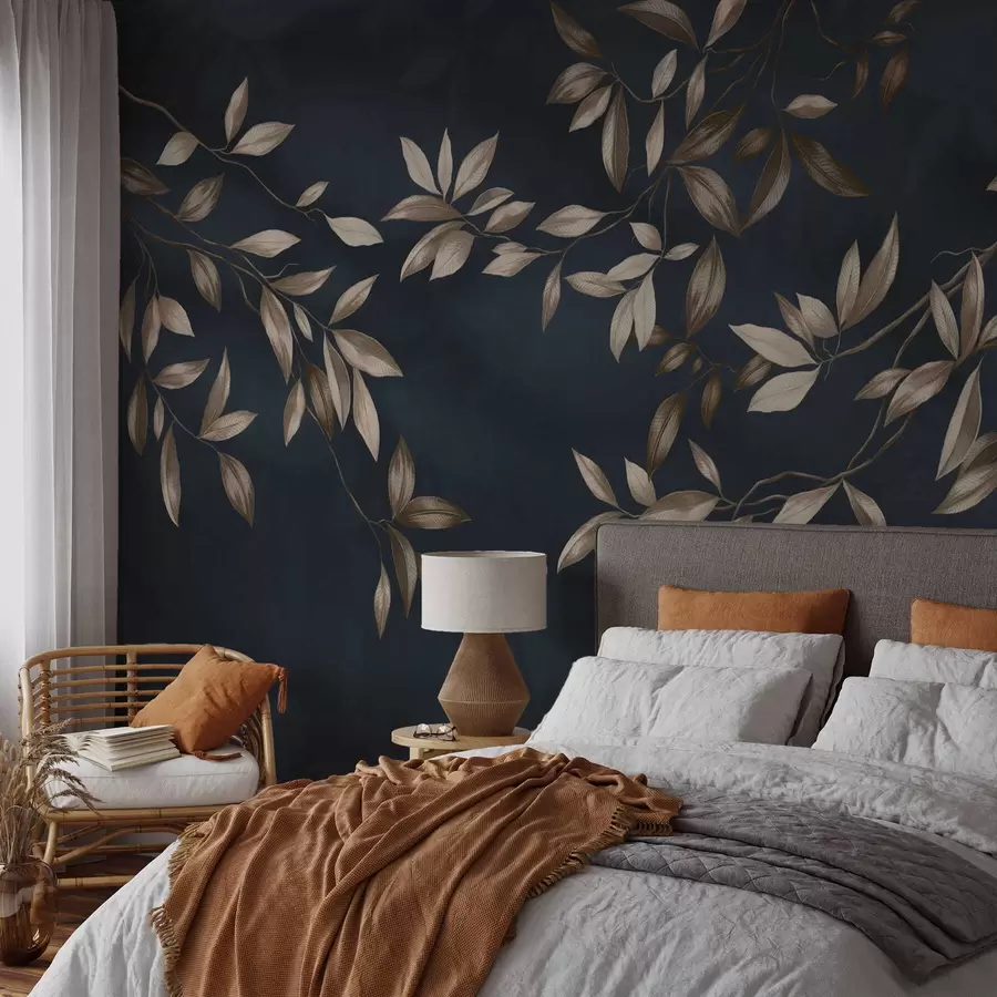 Fototapeedid Dekoratiivsed lehtedega oksad sügavsinisel taustal w05113v1