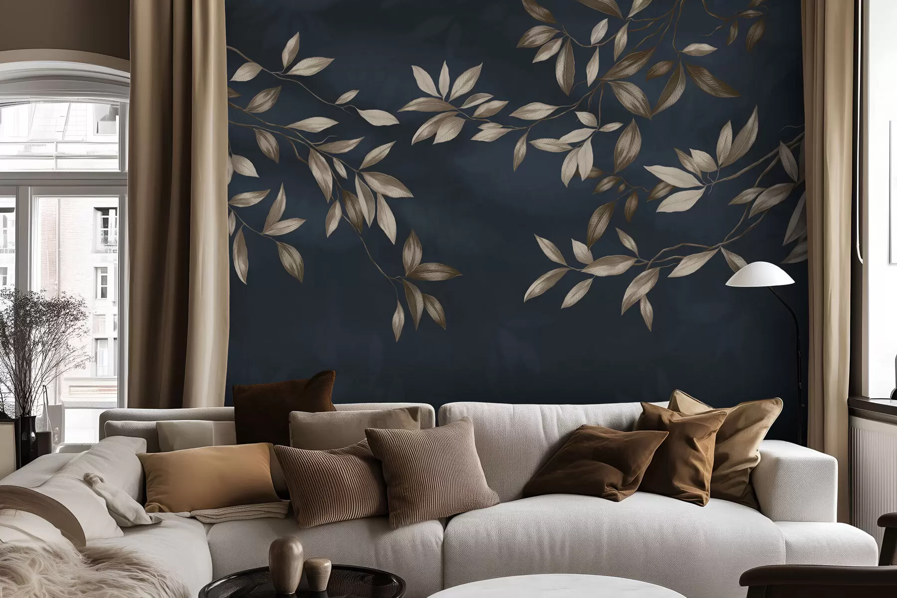 Fototapeedid Dekoratiivsed lehtedega oksad sügavsinisel taustal w05113v1