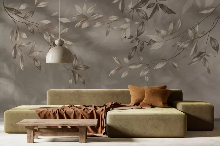 Fototapeedid Õrnad lehtedega oksad beežides toonides heledal taustal w05113v2