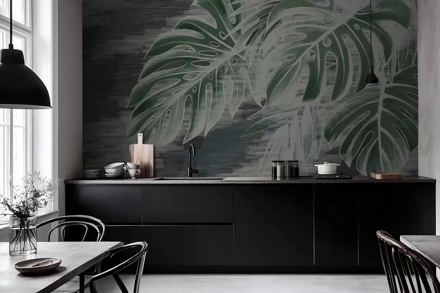 Fototapeedid Tumerohelised lehed tekstuuriga tumedal taustal w05130v4