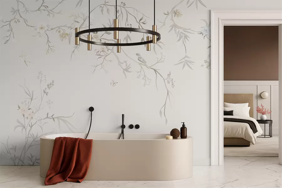 Fototapeedid Õrnad lilled ja linnud kriiditaustal w05127