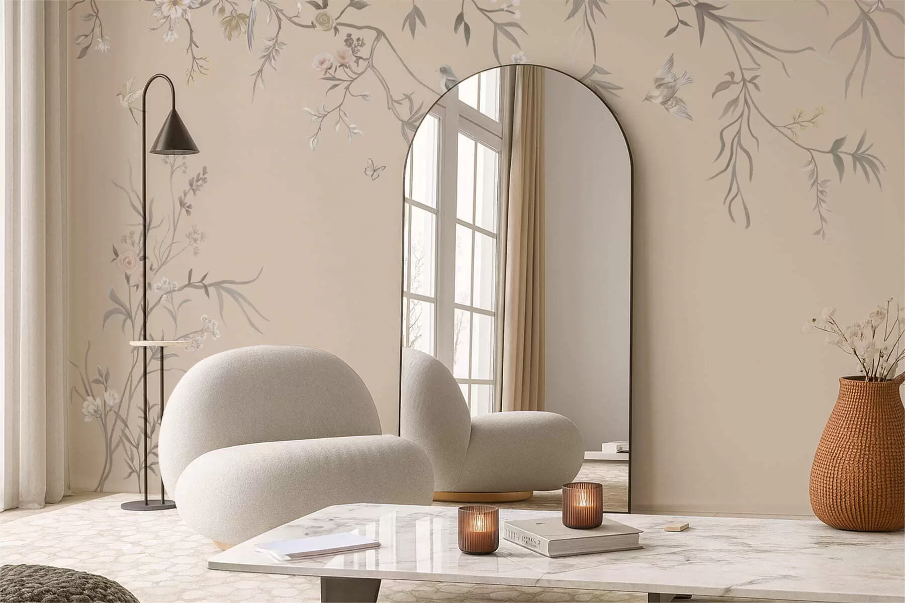 Fototapeedid Lillede oksad lindudega soojal beežil taustal w05127v1