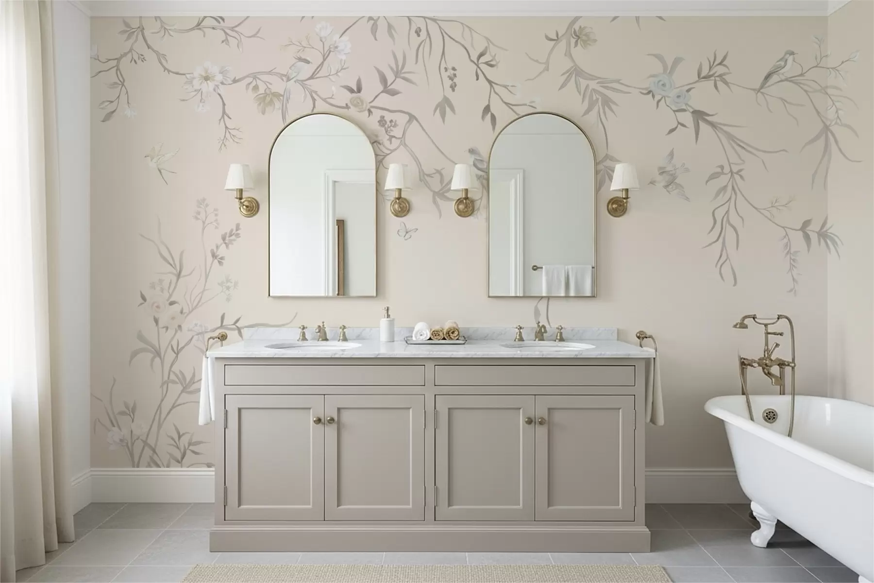 Fototapeedid Lillelised oksad lindudega heledal taustal w05127v7