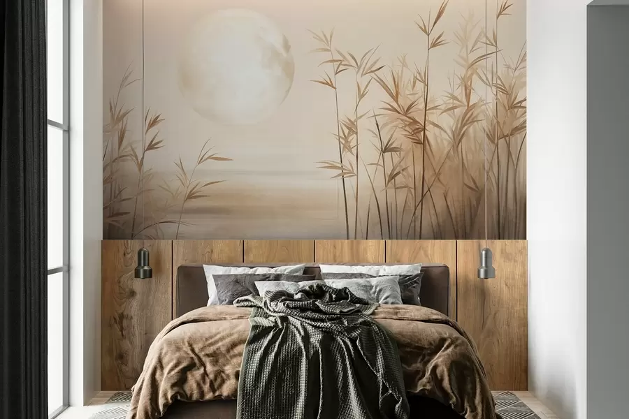 Fototapeedid Tekstuurne maastik kõrge roo, järve ja kahvatu kuuga uduses taevas w09631