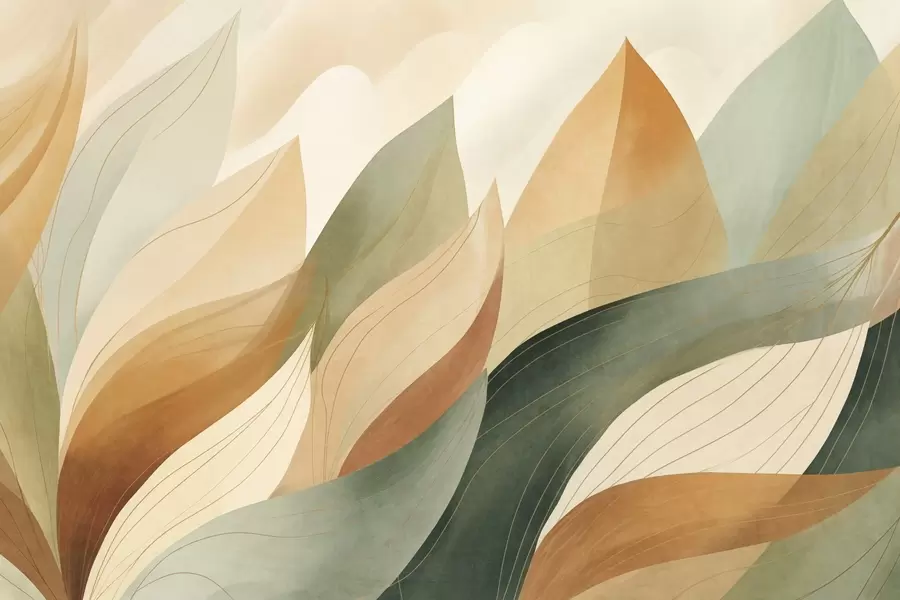 Fototapeedid Abstraktsed lehed, vaoshoitud maatoonid rohelist ja oranži värvi, delikaatsete joonedetaailidega, pehme akvarelltekstuuriga. w09736