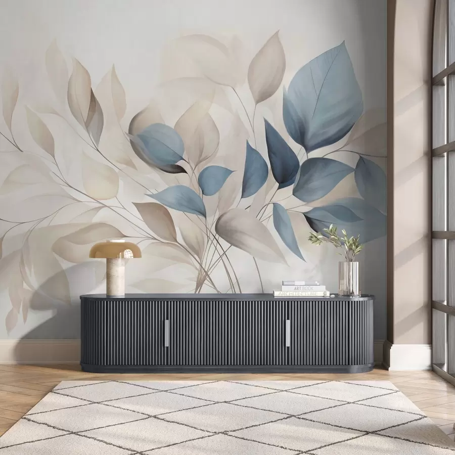 Fototapeedid Abstraktsed läbipaistvad lehed sinise, beeži ja kreemika toonides, tekstuuriga kunst w09744