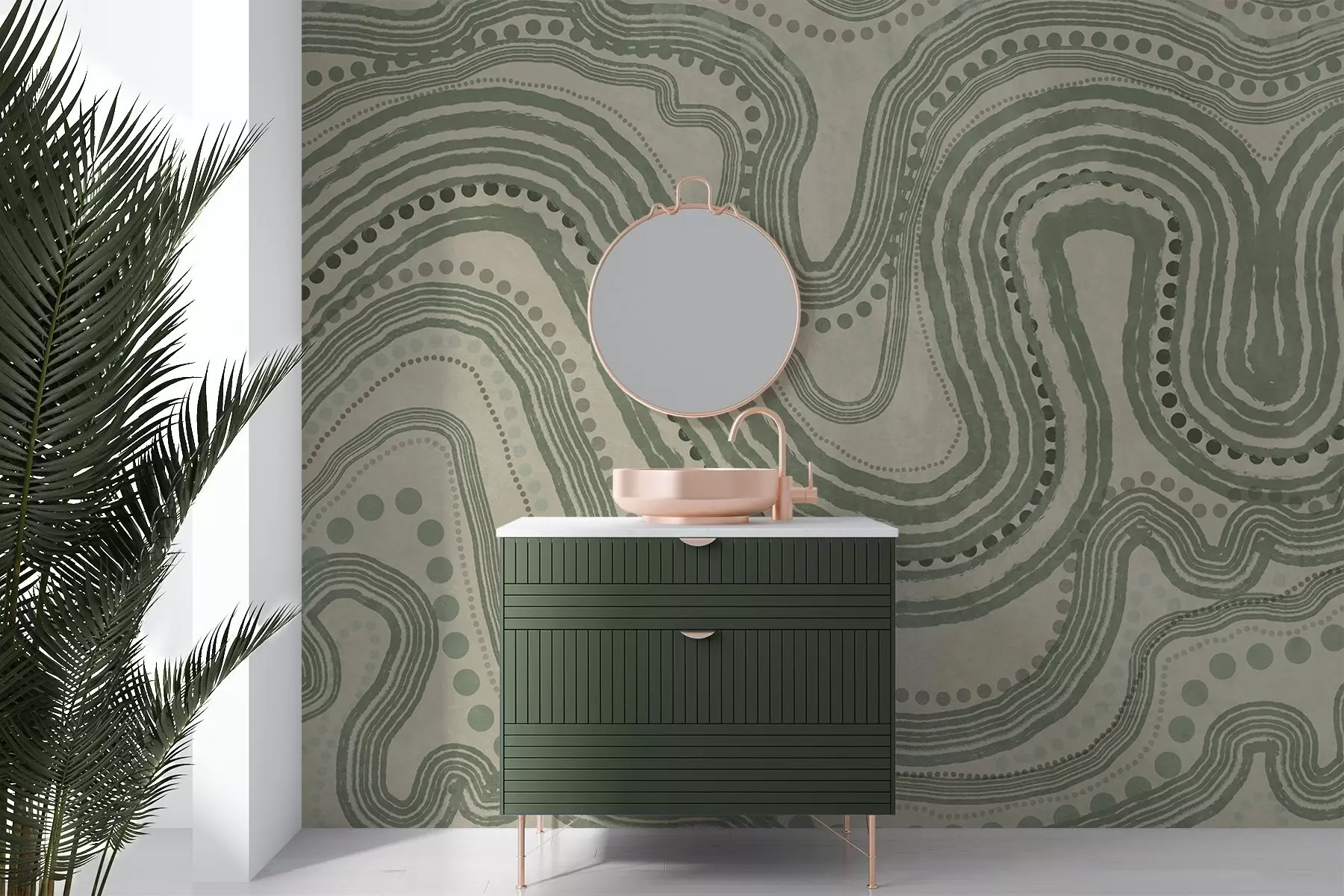 Fototapeedid Abstraktsed rohelised ja beežid lainelised jooned ja punktid, modernne tekstuuriga kunst w09747