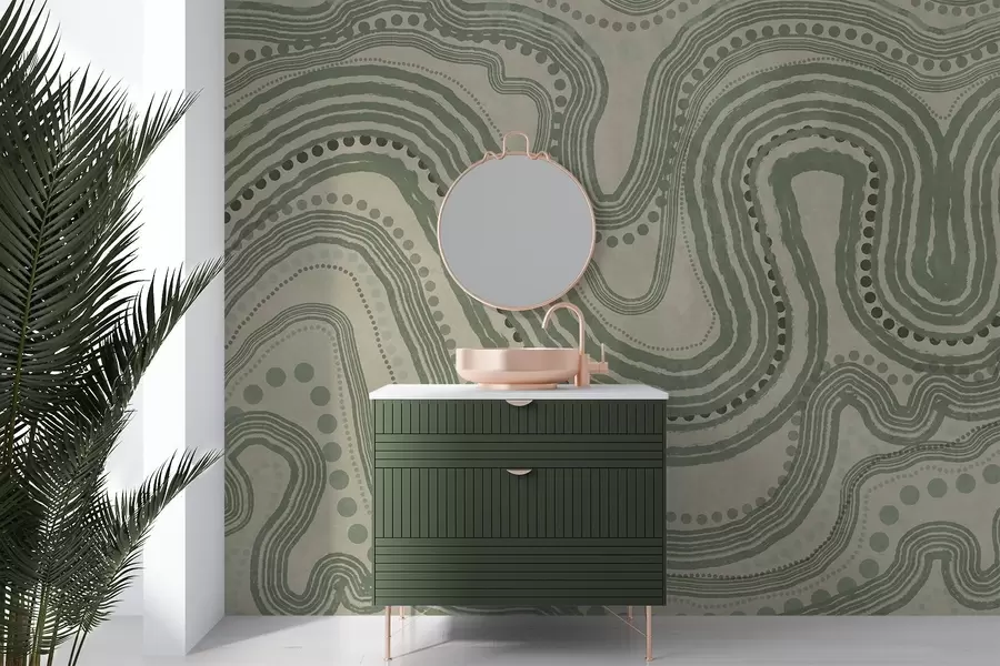 Fototapeedid Abstraktsed rohelised ja beežid lainelised jooned ja punktid, modernne tekstuuriga kunst w09747