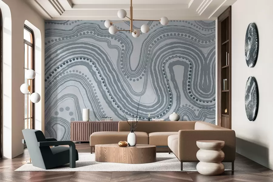 Fototapeedid Abstraktsed sinised lainelised jooned ja punktid, modernne tekstuuriga kunst w09747v3