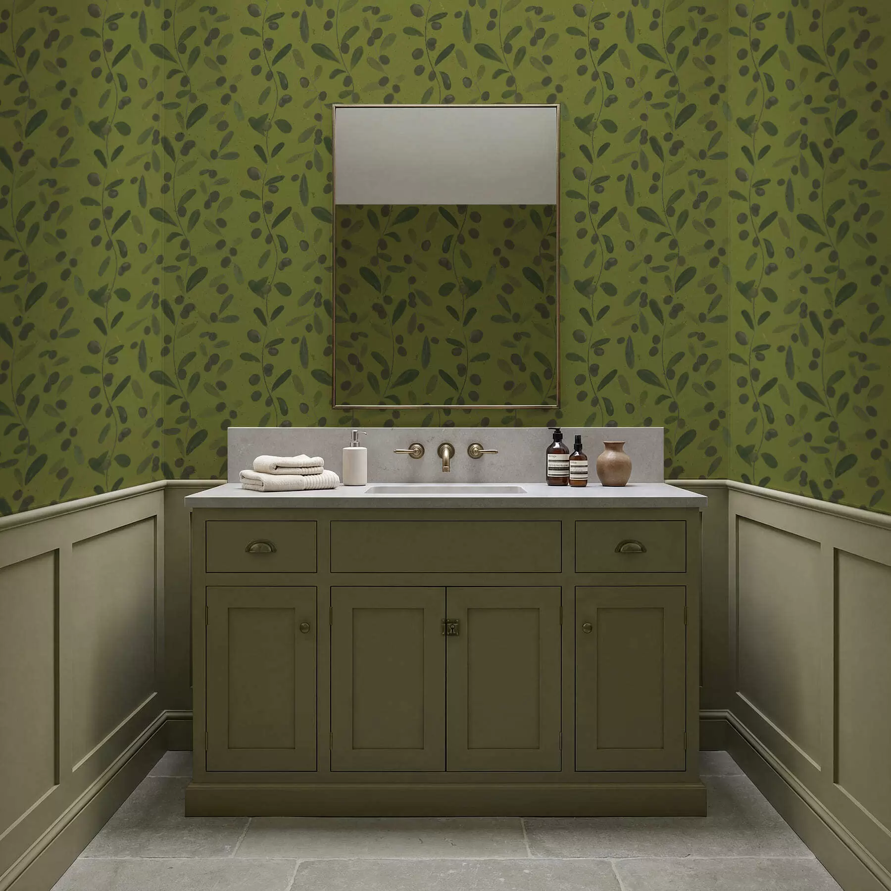 Fototapeedid Rohelised oksad lehtede ja marjadega oliivipuu peal a01113