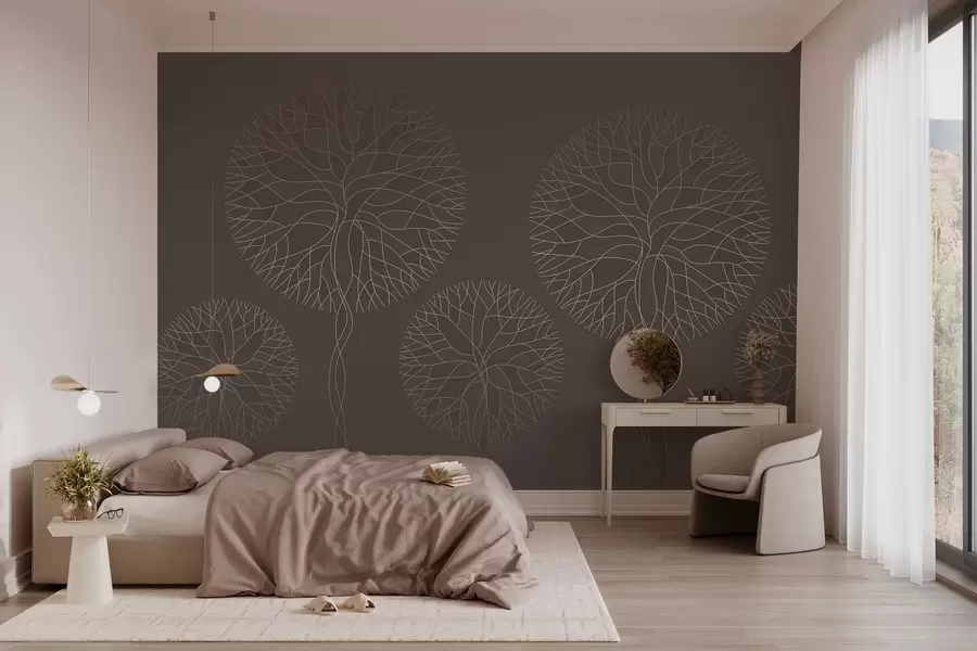 Fototapeedid Fantaasiarikkad lineaarsed puud lopsakate võradega elegantsetes mokka toonides w05213v1