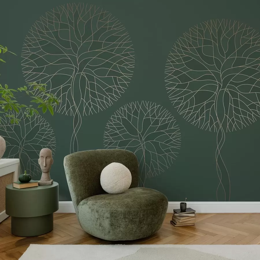 Fototapeedid Fantaasiarikkad lineaarsed puud lopsakate võradega elegantsetes tumerohelistes toonides w05213v2