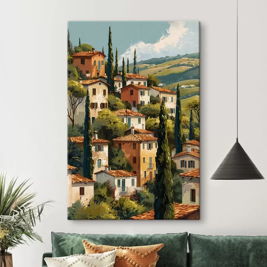 Pilt Vahemere mäenõlvadel asuv küla, soojatoonilised majad terrakotta katustega s47950