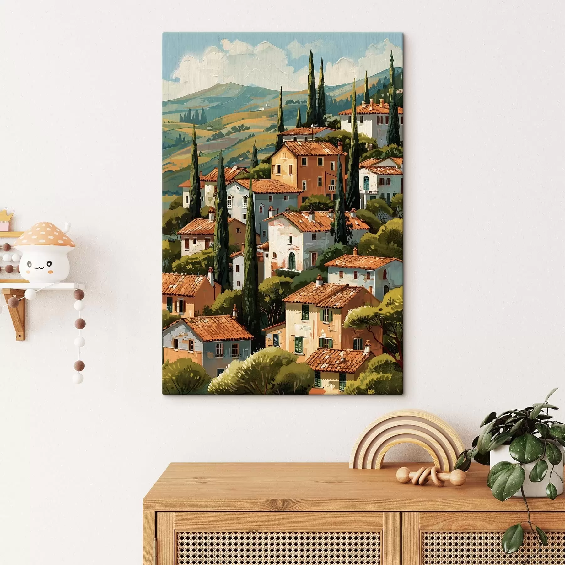 Pilt Vahemere mäenõlvadel asuv küla, soojatoonilised majad terrakotta katustega s47951