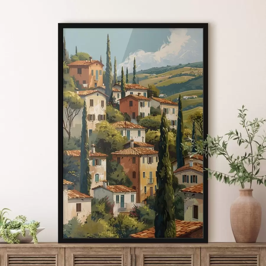 Fototapeedid Vahemere mäenõlvadel asuv küla, soojatoonilised majad terrakotta katustega f47950