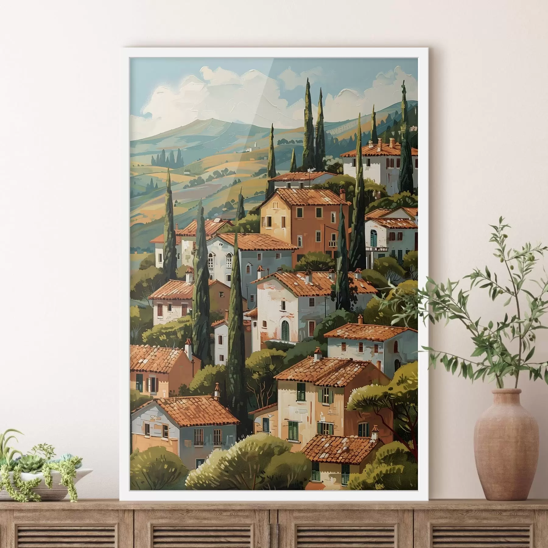 Fototapeedid Vahemere mäenõlvadel asuv küla, soojatoonilised majad terrakotta katustega f47951