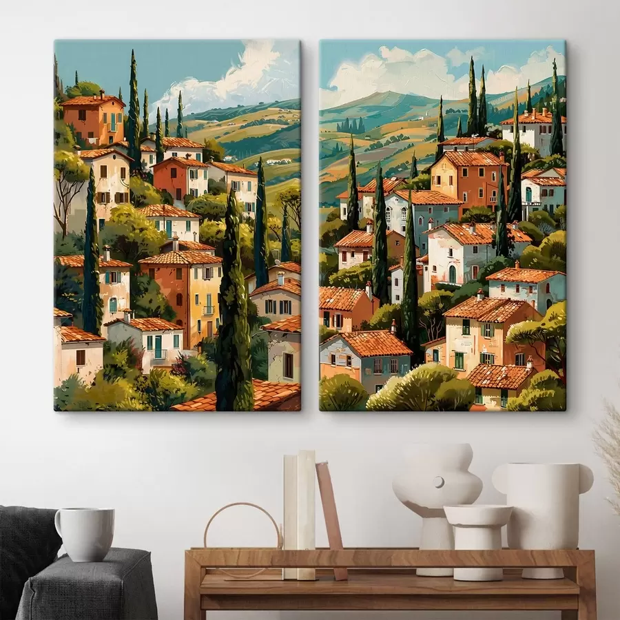 Pilt Vahemere mäenõlvadel asuv küla, soojatoonilised majad terrakotta katustega m30097