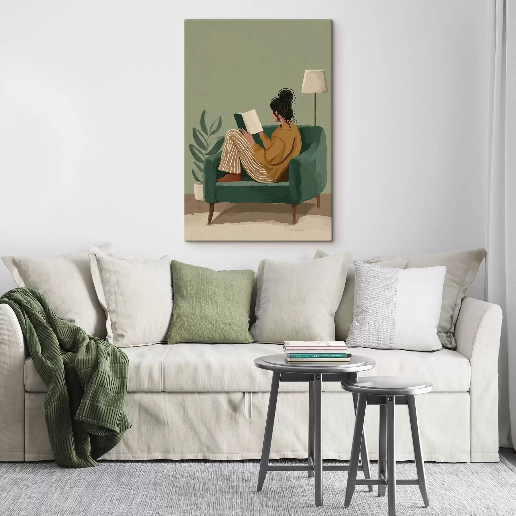 Pilt minimalistlik ja hubane illustratsioon naisest, kes istub tugitoolis ja loeb s48118