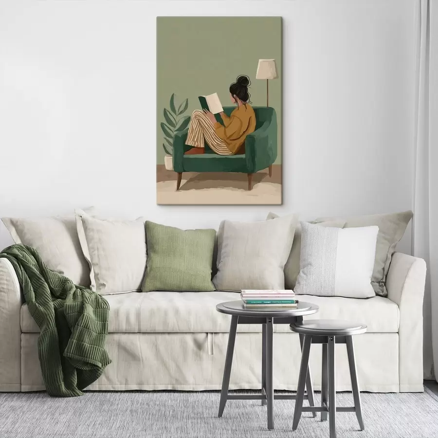 Pilt minimalistlik ja hubane illustratsioon naisest, kes istub tugitoolis ja loeb s48118