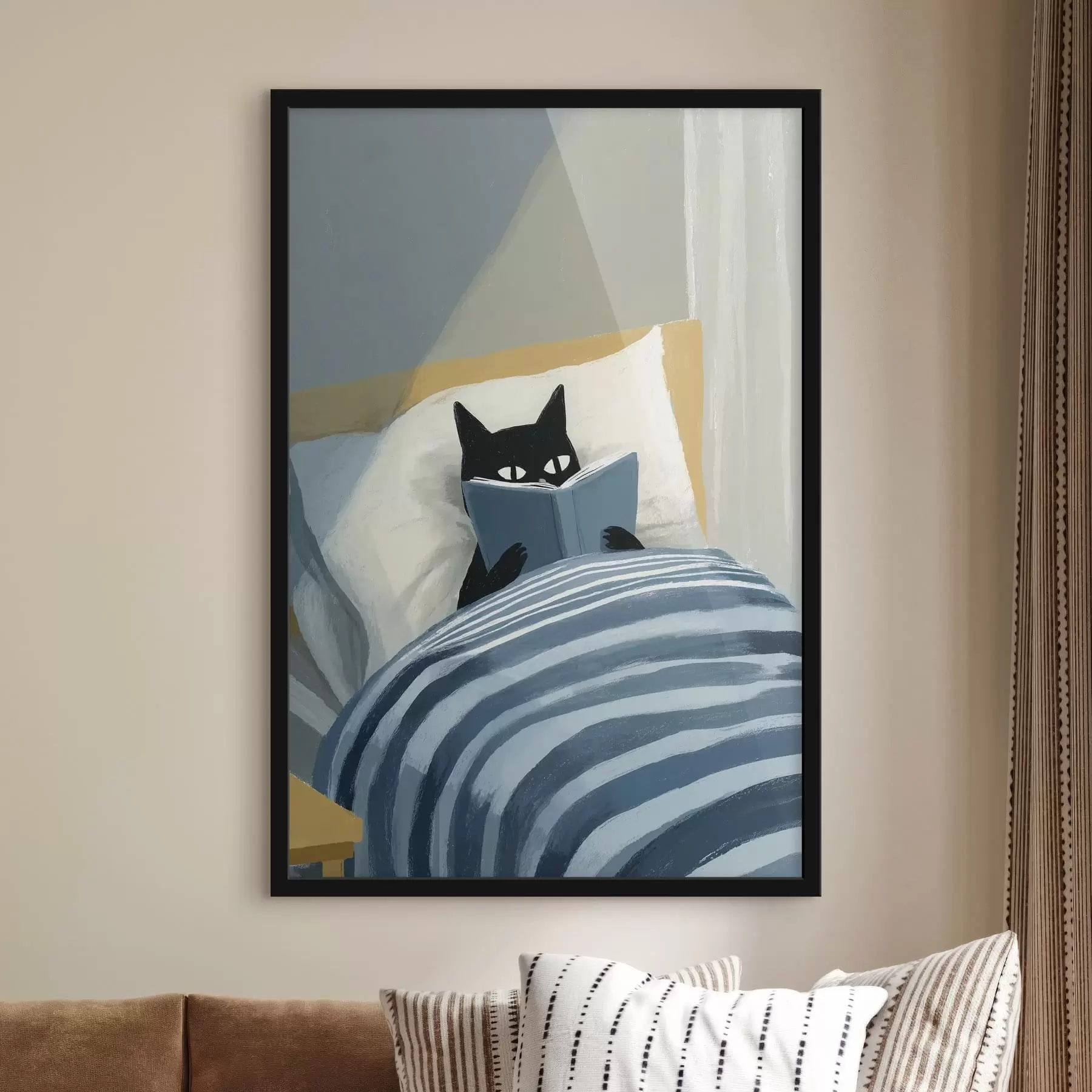 Fototapeedid minimalistlik joonistus mustast kassist, kes loeb voodis raamatut f48117