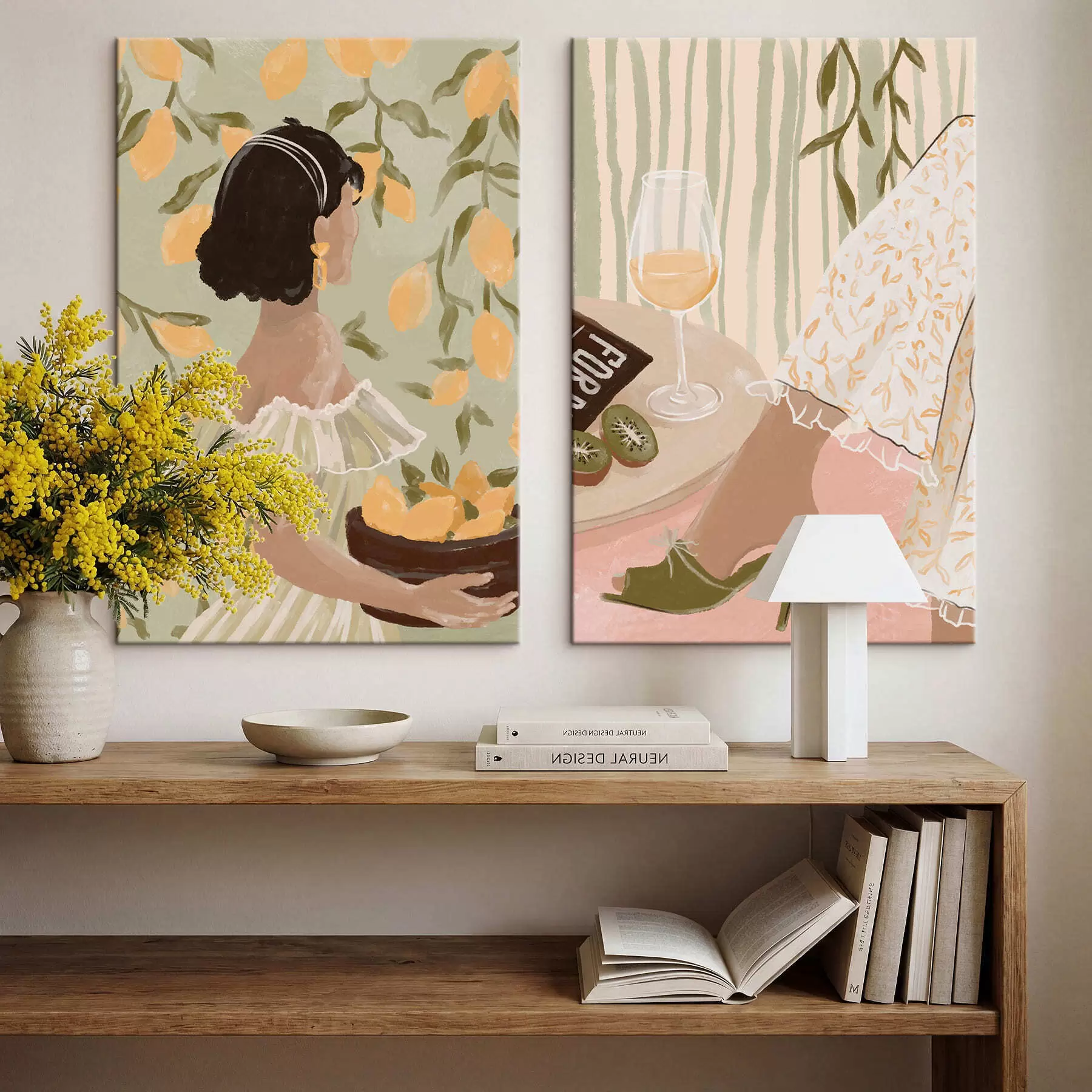 Pilt Naine sidrunitega ja laud klaasiga m30104