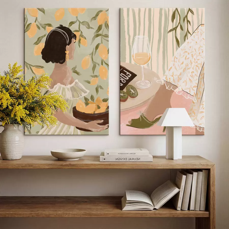 Pilt Naine sidrunitega ja laud klaasiga m30104