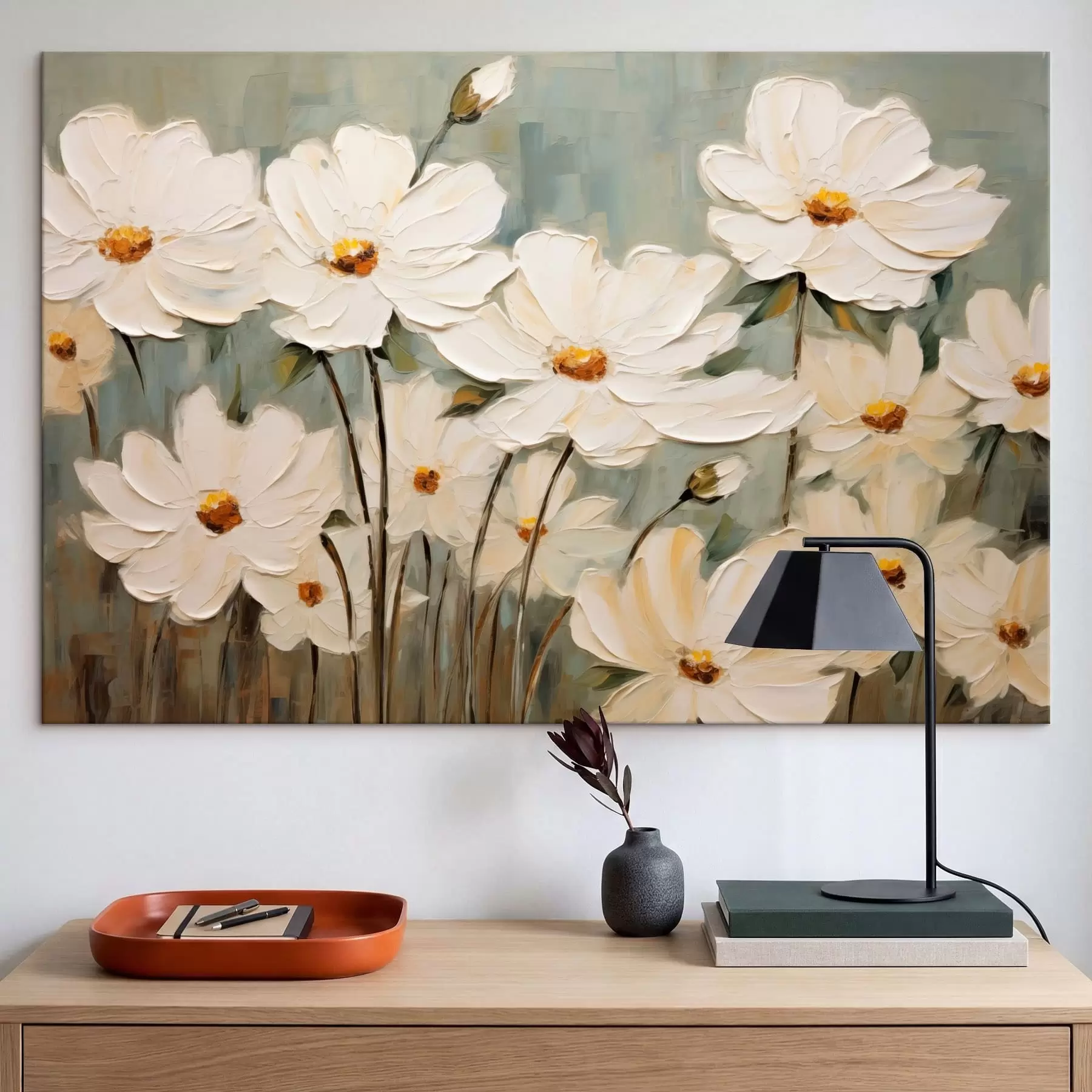 Pilt Valged lilled tekstuurse taustaga, pintslitõmbed s48094