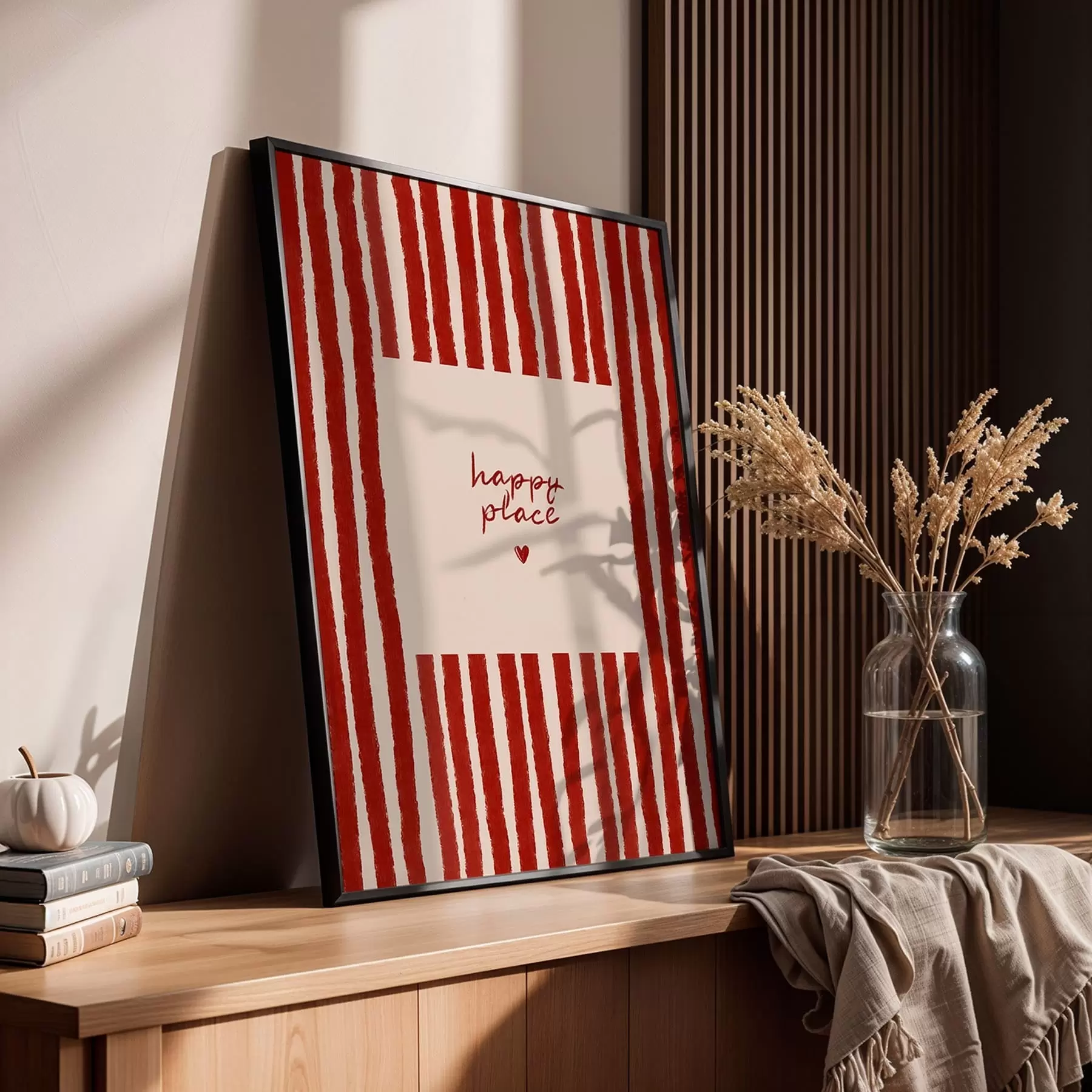 Fototapeedid Punased triibud ja tekst „happy place” f48025