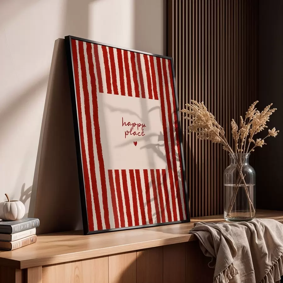 Fototapeedid Punased triibud ja tekst „happy place” f48025