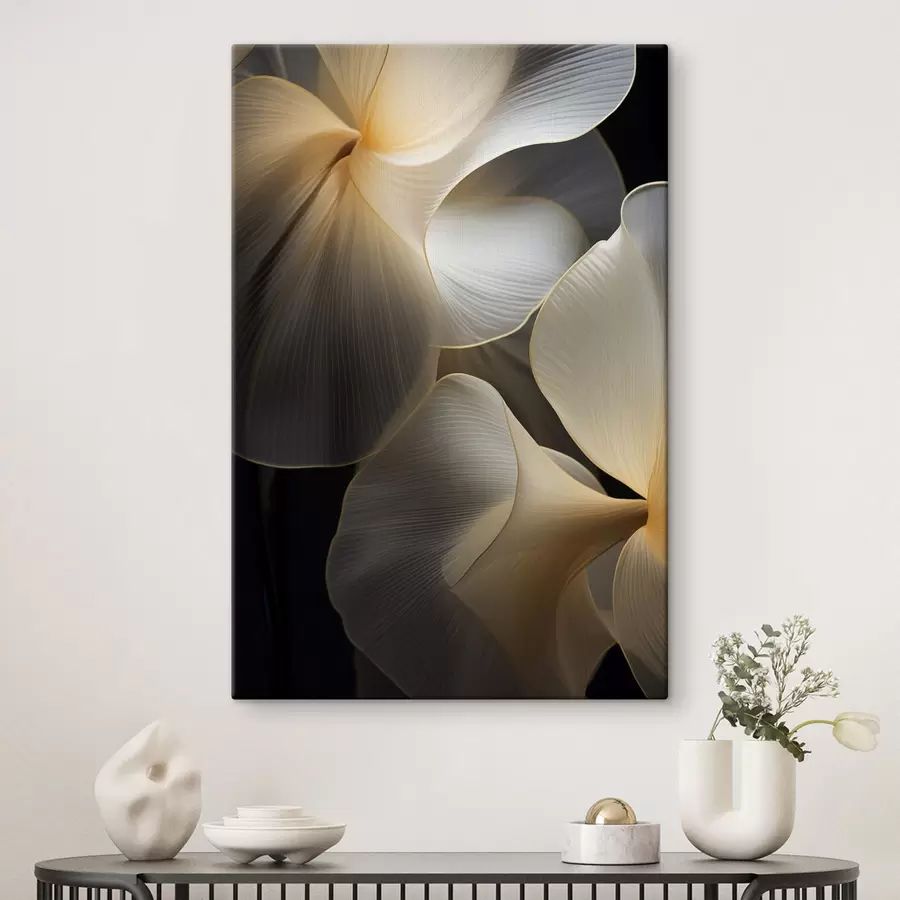 Pilt Abstraktsed voolavad läbipaistvad õielehed õrnad jooned, tumedal taustal s47859