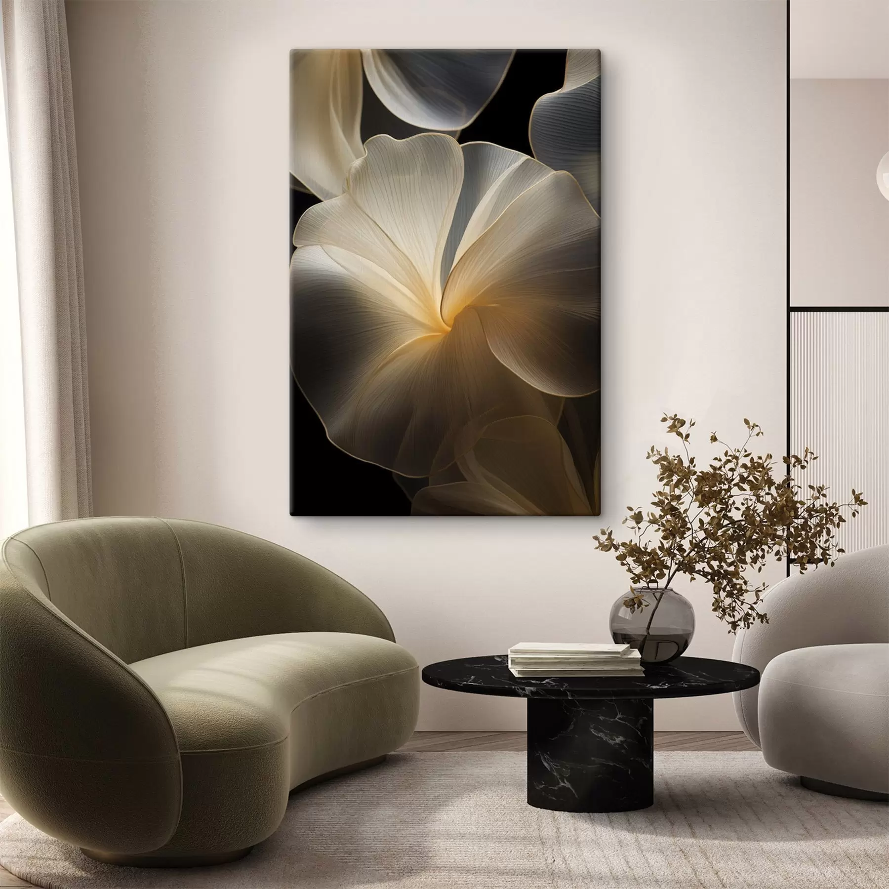 Pilt Abstraktsed voolavad läbipaistvad õielehed õrnad jooned, tumedal taustal s47860