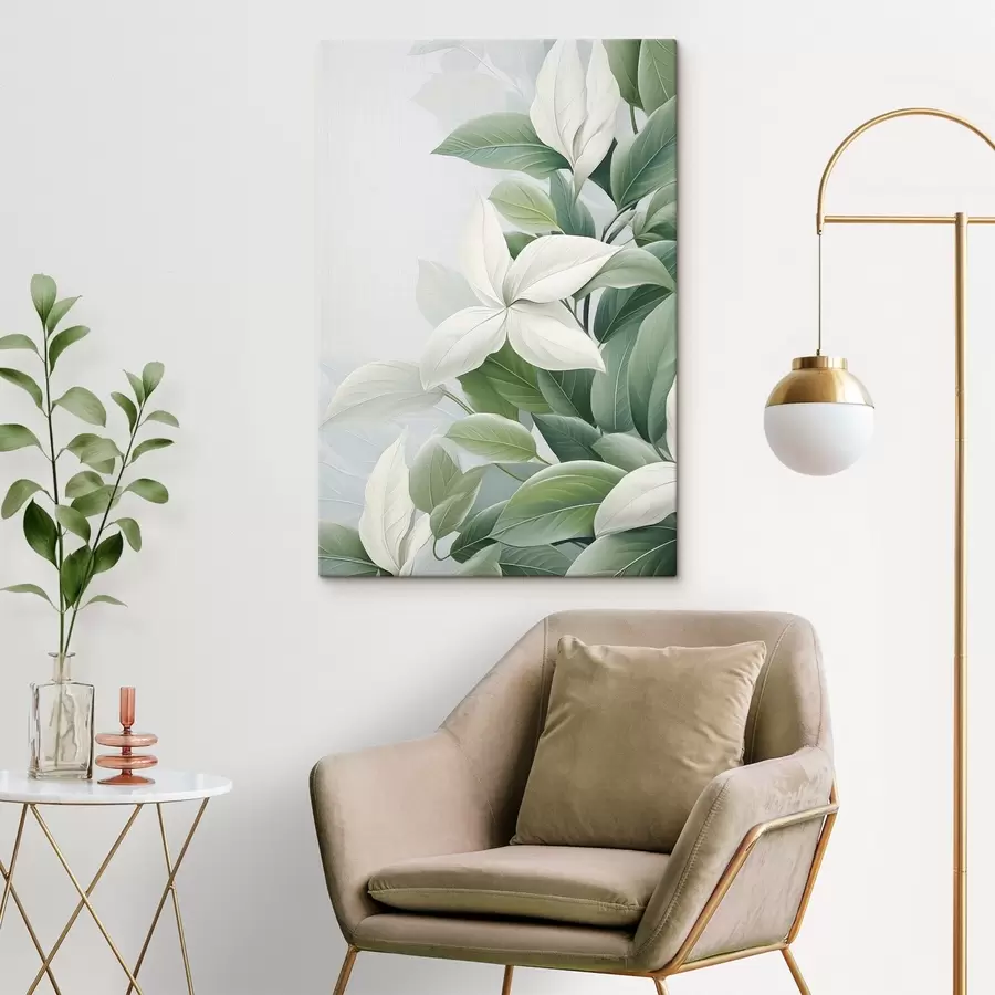 Pilt Valged lilled roheliste lehtedega, pastellne taust s47870