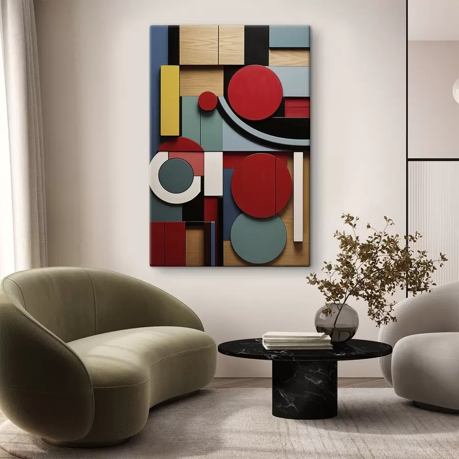 Pilt Abstraktne geomeetriline kompositsioon puidu tekstuuri imitatsiooniga, punased, mustad, valged ja sinakasrohelised ristkülikud ja ringid s47876