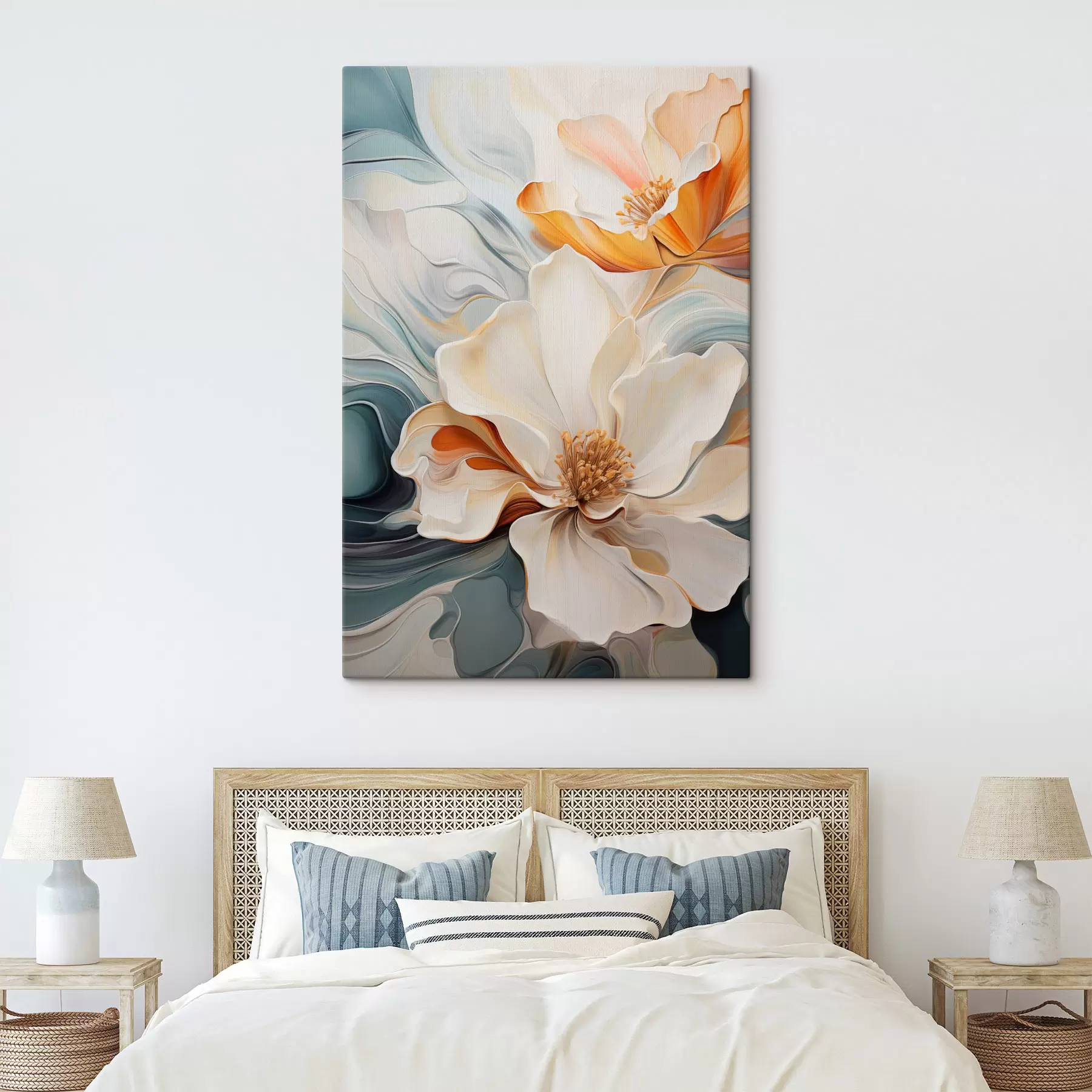 Pilt Abstraktne suur õis valge, oranži ja sinakasrohelise kroonlehtedega, tekstuuriga taustaga s47878