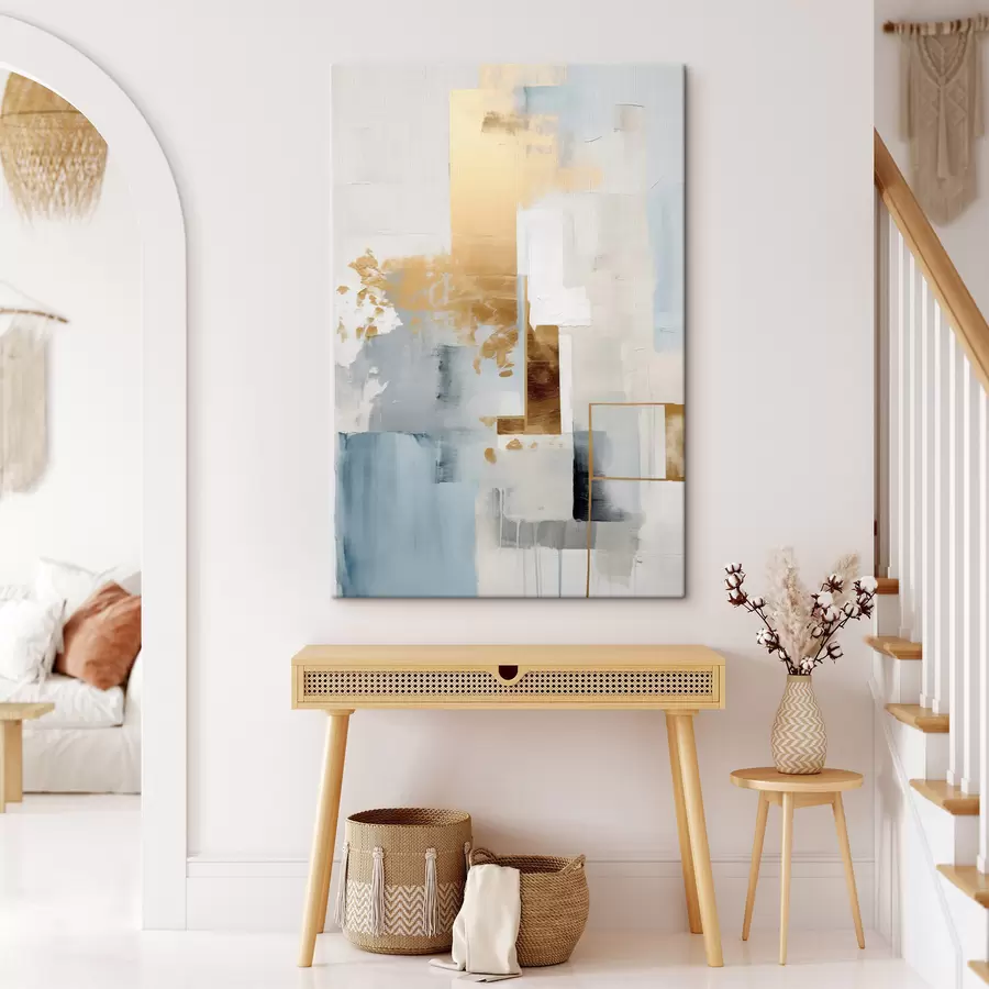 Pilt Abstraktsed geomeetrilised kujundid kollase, sinise ja valge värviga, tekstuuriga ja minimalistlik kompositsioon s47881