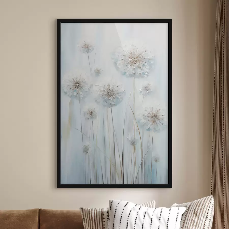 Fototapeedid Tekstuuriga maalistiil, millel on kujutatud võililled pehme sinise ja valge taustaga f47856