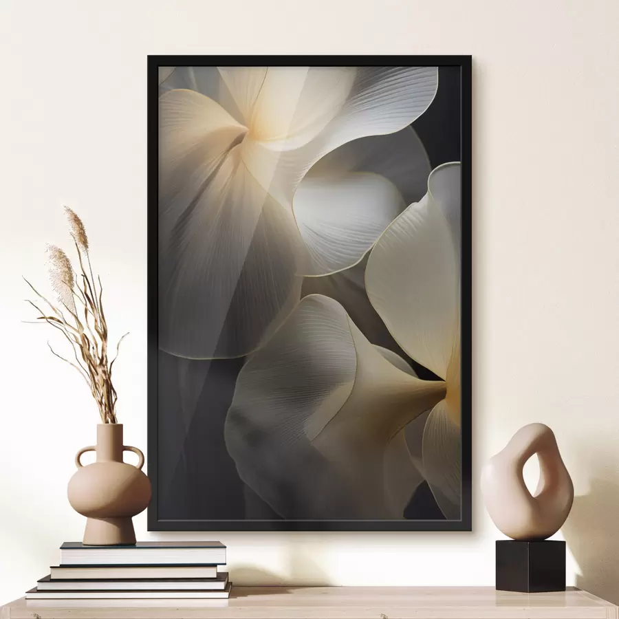 Fototapeedid Abstraktsed voolavad läbipaistvad õielehed õrnad jooned, tumedal taustal f47859