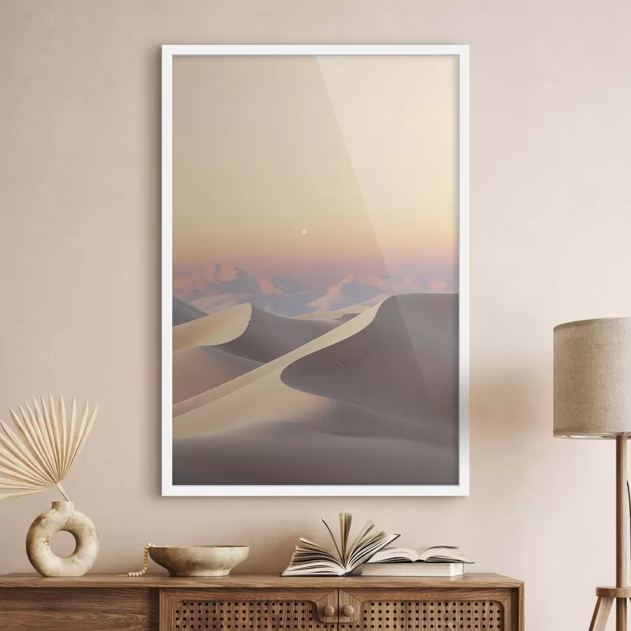 Fototapeedid Kõrbe maastik pehme pastellse taeva all, lainetavad liivaluited, taustal kauguses mäed f47865