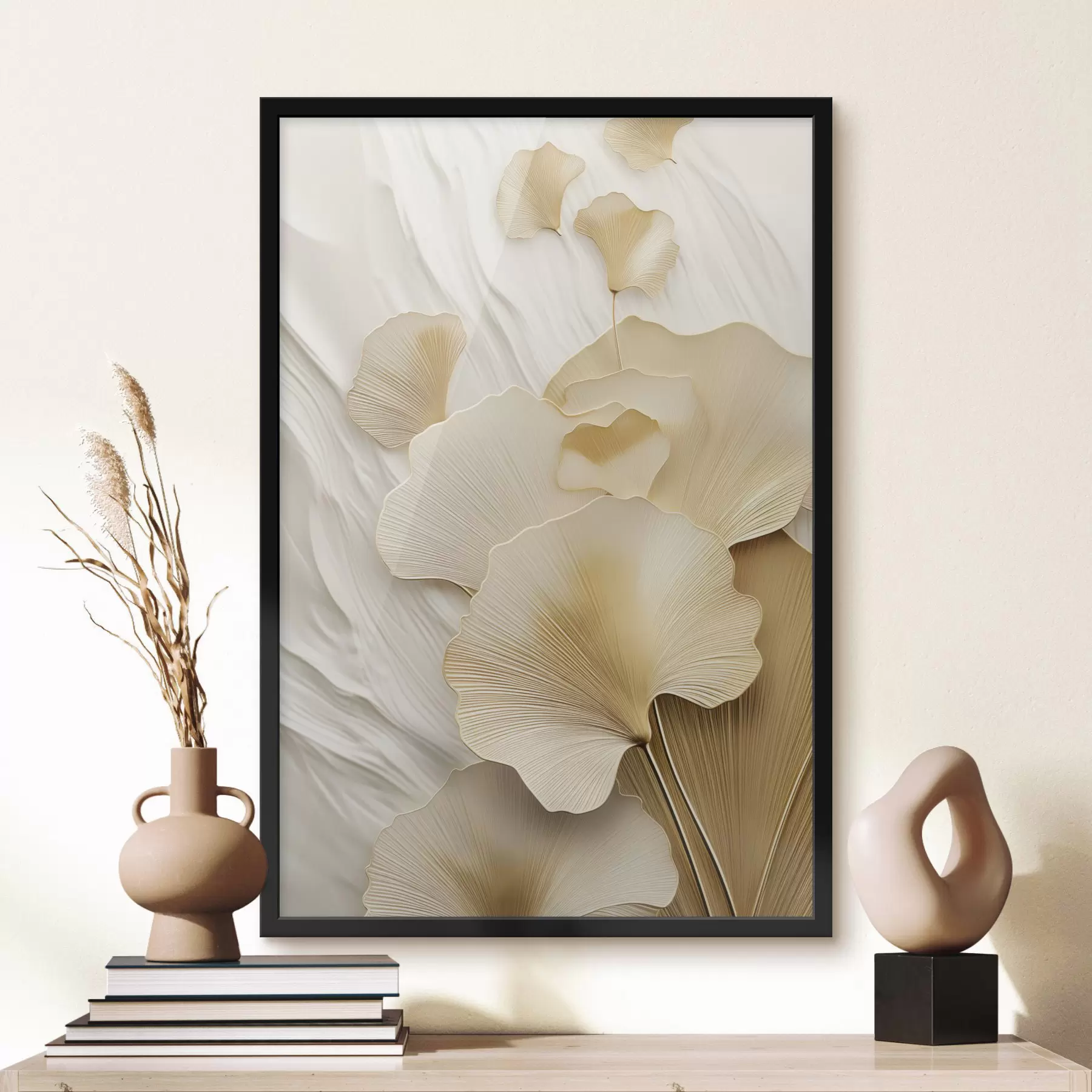 Fototapeedid Ginkgo abstraktsed lehed tekstuurse, heleda taustaga, elegantne ja abstraktne kompositsioon f47868
