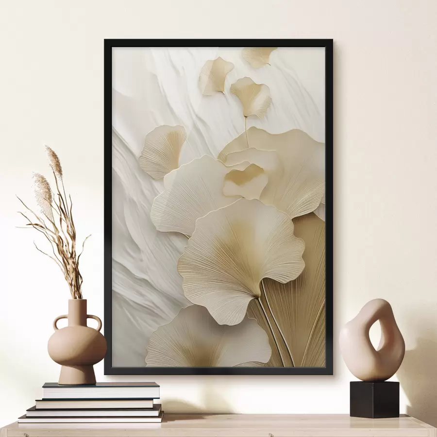 Fototapeedid Ginkgo abstraktsed lehed tekstuurse, heleda taustaga, elegantne ja abstraktne kompositsioon f47868