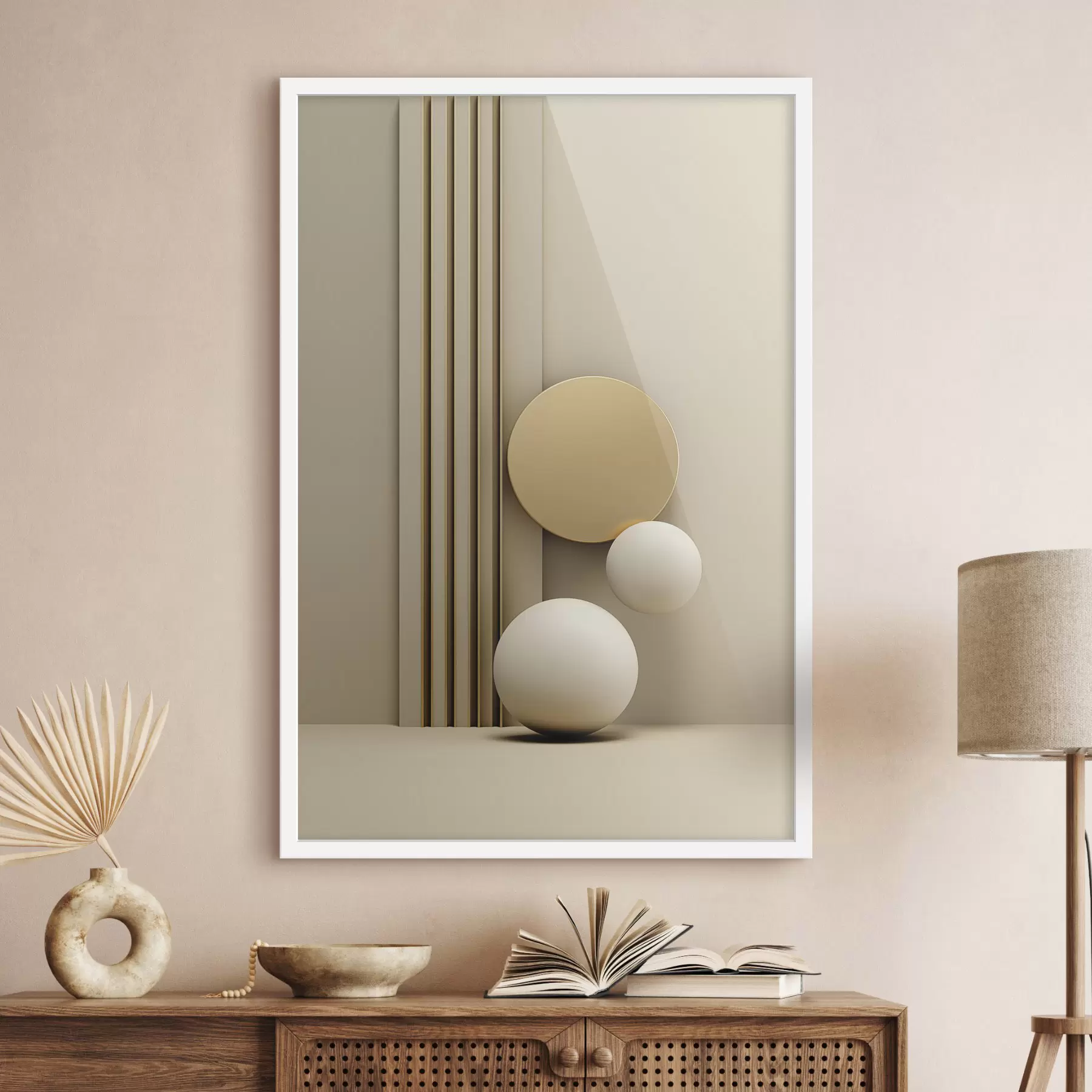 Fototapeedid Abstraktne beež modernne kunst vertikaalsete joonte ja sfääridega f47871