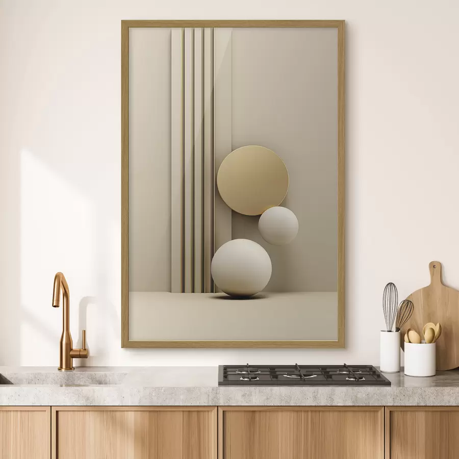 Fototapeedid Abstraktne beež modernne kunst vertikaalsete joonte ja sfääridega f47871