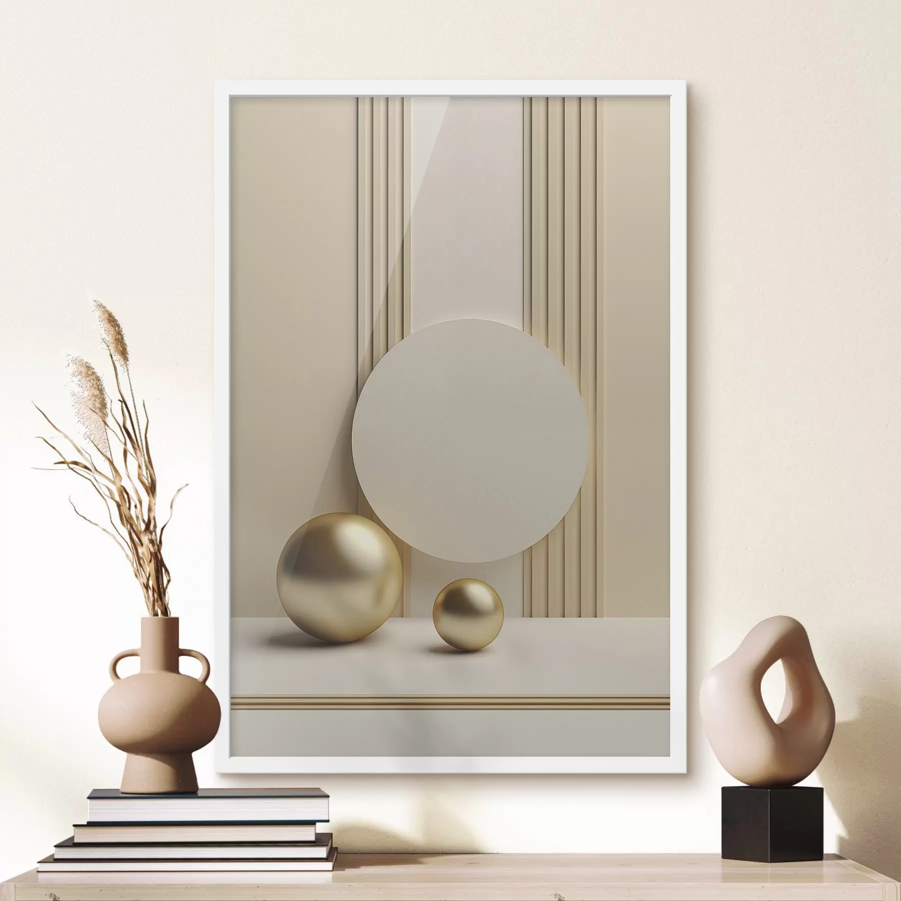 Fototapeedid Abstraktne beež modernne kunst vertikaalsete joonte ja sfääridega f47872