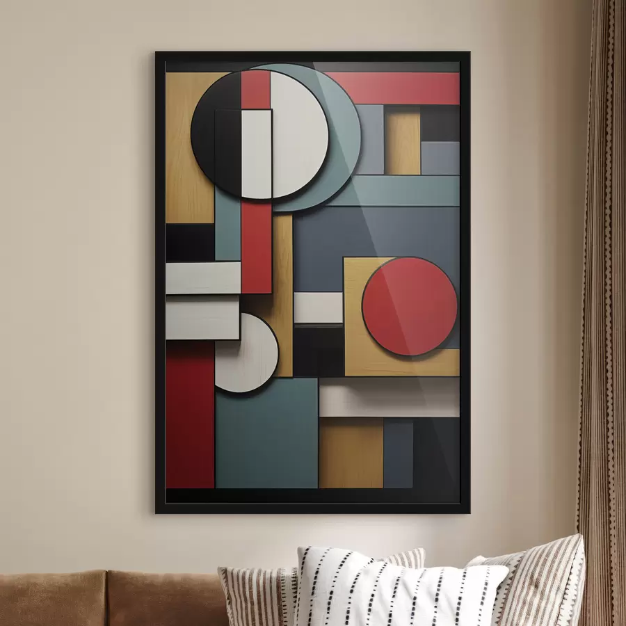 Fototapeedid Abstraktne geomeetriline kompositsioon puidu tekstuuri imitatsiooniga, punased, mustad, valged ja sinakasrohelised ristkülikud ja ringid f47875