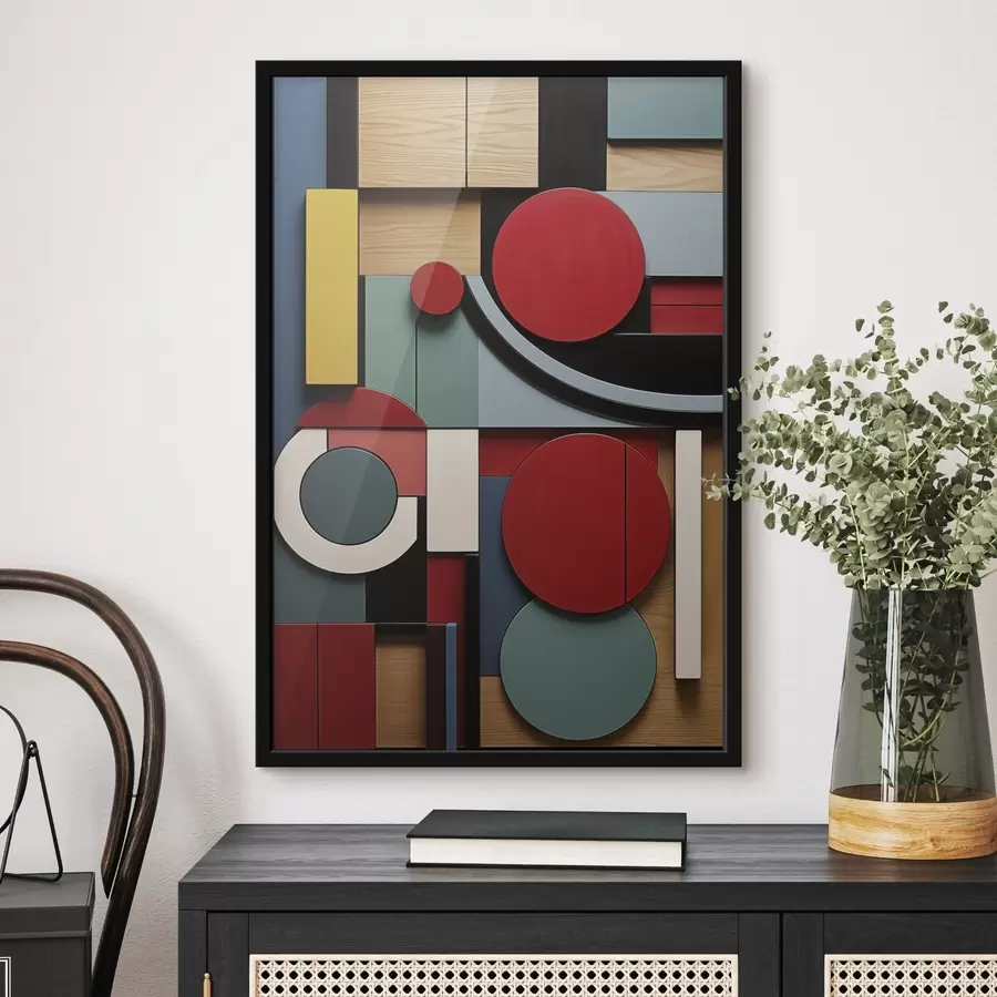 Fototapeedid Abstraktne geomeetriline kompositsioon puidu tekstuuri imitatsiooniga, punased, mustad, valged ja sinakasrohelised ristkülikud ja ringid f47876