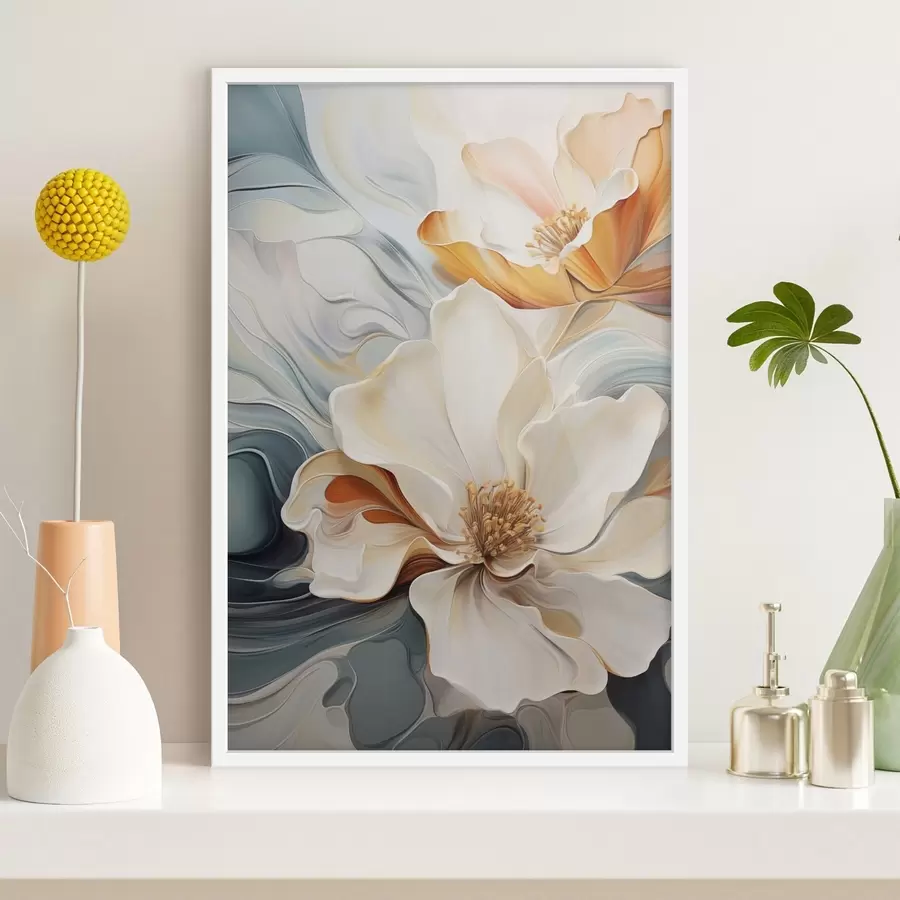 Fototapeedid Abstraktne suur õis valge, oranži ja sinakasrohelise kroonlehtedega, tekstuuriga taustaga f47878