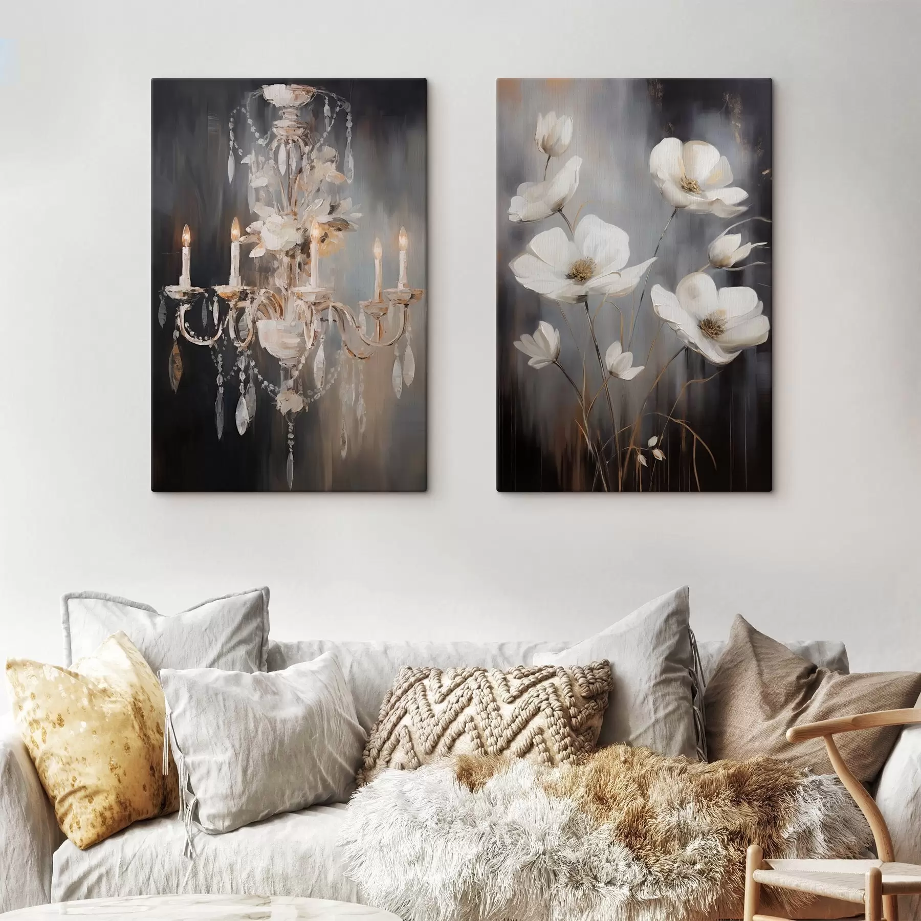 Pilt Abstraktne kaunistatud lühter süüdatud küünaldega ja lillekunstiga tumedal, tekstuurse taustaga m30049