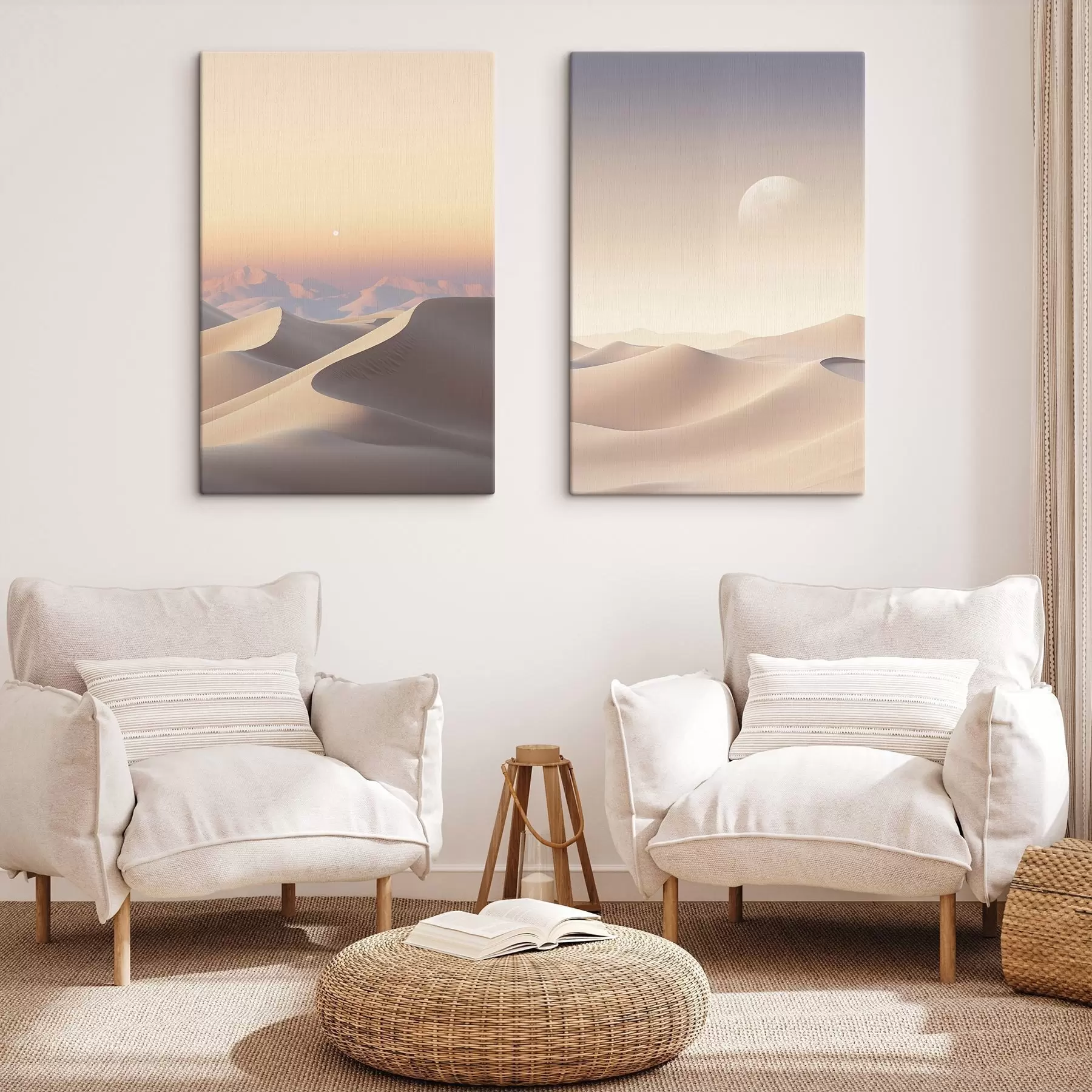 Pilt Kõrbe maastik pehme pastellse taeva all, lainetavad liivaluited, taustal kauguses mäed m30053